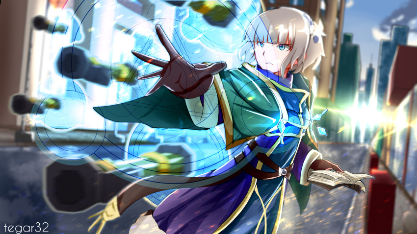 1girl artist_name bangs blue_eyes blunt_bangs breasts brown_gloves capelet foreshortening gloves grey_hair highres meteora_osterreich outstretched_arm re:creators rocket_launcher short_hair solo tegar32 weapon