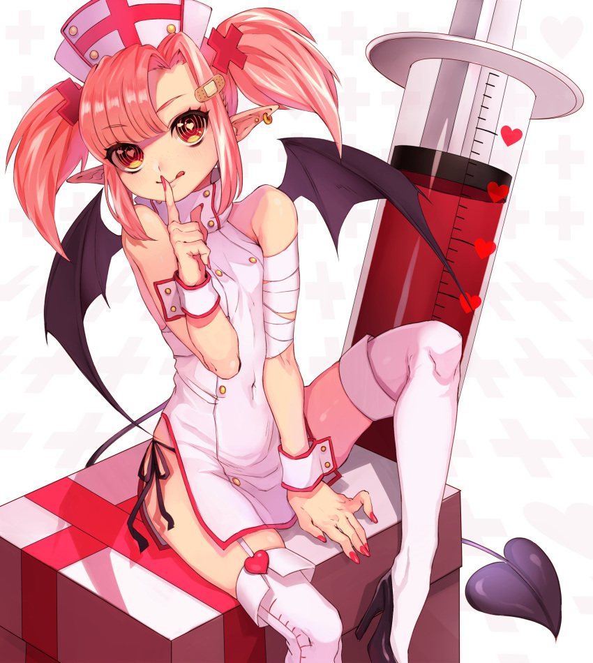 1girl :q absurdres bandage bandaged_arm bandages bandaid_hair_ornament bangs bat_wings brown_eyes covered_navel demon_girl demon_tail earrings eyebrows_visible_through_hair garter_straps hair_ornament hat highres index_finger_raised jewelry looking_at_viewer marota nurse nurse_cap original panties pink_hair pointy_ears side-tie_panties sitting sleeveless solo syringe tail thigh-highs tongue tongue_out twintails underwear white_background white_legwear wings x_hair_ornament