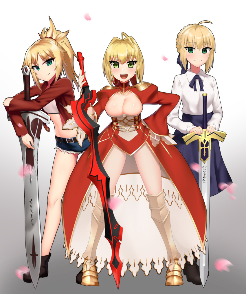 3girls :d aestus_estus ahoge artoria_pendragon_(all) belt black_footwear black_legwear blonde_hair blue_ribbon blue_skirt boots braid breasts clarent cleavage cleavage_cutout commentary commission cowfee cropped_jacket crown_braid cutoffs dress english_commentary excalibur eyebrows_visible_through_hair fate/apocrypha fate/extra fate/stay_night fate_(series) full_body gradient gradient_background greaves green_eyes groin hair_ribbon hand_on_hip high-waist_skirt highres jacket juliet_sleeves large_breasts leaning_forward legs_apart long_hair long_sleeves looking_at_viewer micro_shorts midriff mordred_(fate) mordred_(fate)_(all) multiple_girls nero_claudius_(fate) nero_claudius_(fate)_(all) open_clothes open_dress open_mouth pantyhose petals ponytail puffy_sleeves red_dress red_jacket red_ribbon ribbon saber shirt short_hair shorts simple_background skirt smile standing sword v-shaped_eyebrows weapon white_shirt wide_sleeves