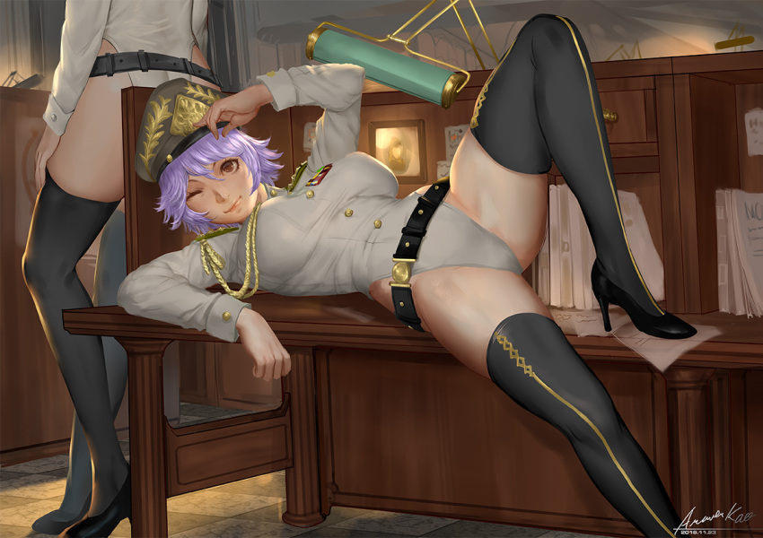 2girls ariverkao belt black_legwear breasts brown_eyes dated desk epaulettes hand_on_headwear hat high_heels indoors large_breasts leaning_back leotard looking_at_viewer lying military military_uniform multiple_girls on_back one_eye_closed original paperwork photo_(object) purple_hair short_hair signature thigh-highs uniform