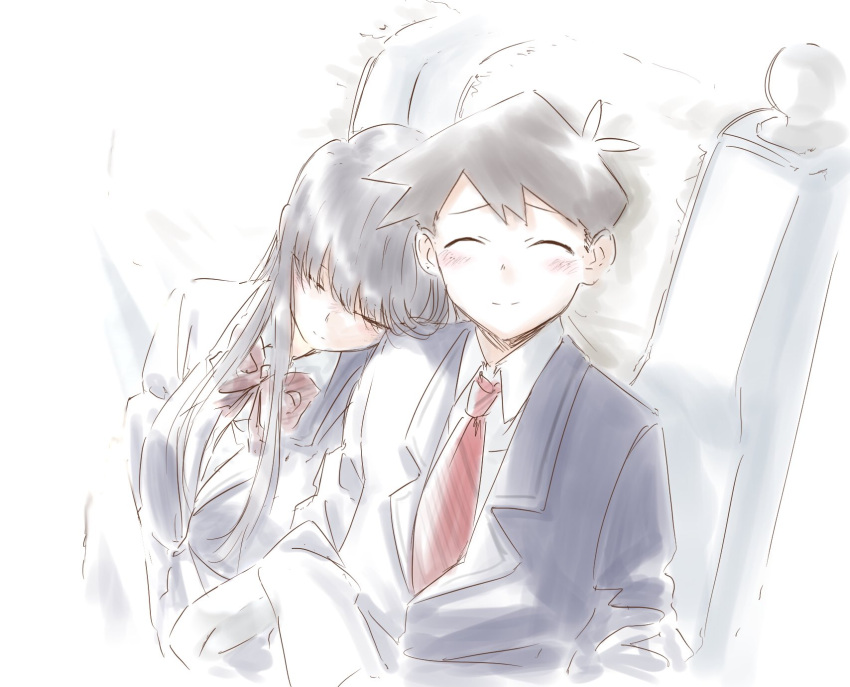 1boy 1girl black_eyes black_hair head_on_shoulder highres komi-san_wa_komyushou_desu komi_shouko long_hair mitsugu school_uniform sleeping sleeping_on_person smile source_request tadano_hitohito white_background