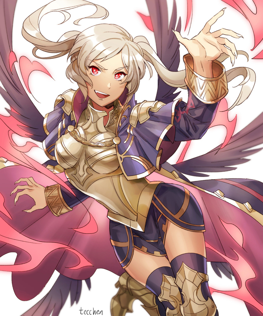 1girl absurdres armor artist_name black_wings female_my_unit_(fire_emblem:_kakusei) fingernails fire_emblem fire_emblem:_kakusei gimurei highres long_sleeves my_unit_(fire_emblem:_kakusei) nintendo open_mouth red_eyes sharp_fingernails simple_background solo tecchen thigh-highs twintails white_background white_hair wings zettai_ryouiki