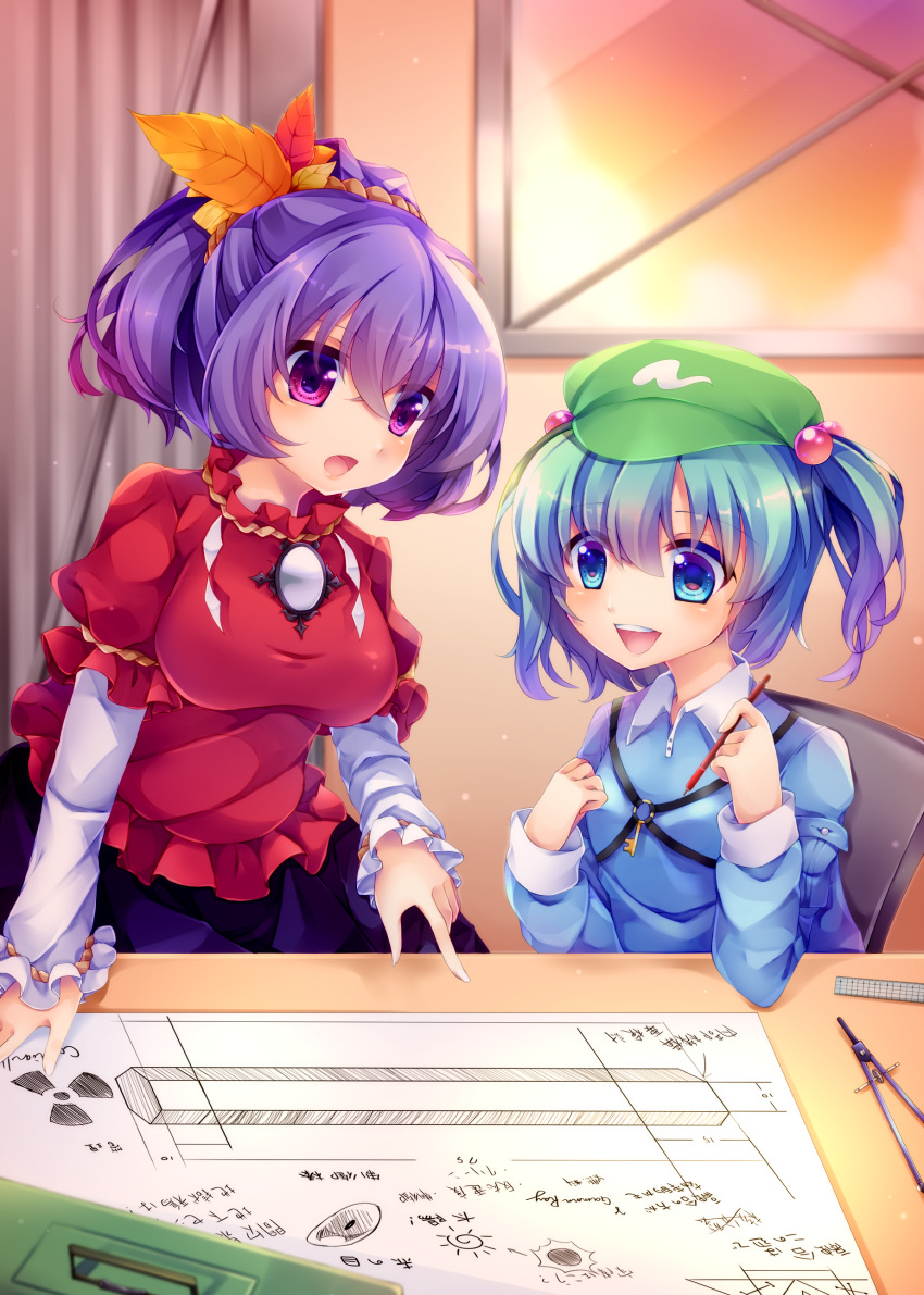 2girls absurdres blue_eyes blue_hair chair commentary_request compass_(instrument) diagram eyes_visible_through_hair flat_cap green_hat hair_bobbles hair_ornament hat highres holding holding_pen kawashiro_nitori key kujou_mikuru leaf_hair_ornament long_sleeves mirror multiple_girls onbashira open_mouth pen pointing purple_hair radiation_symbol rope ruler shimenawa short_hair short_over_long_sleeves short_sleeves sitting skirt standing table touhou two_side_up violet_eyes yasaka_kanako