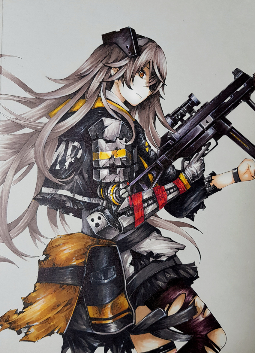 bangs brown_eyes brown_hair cowboy_shot from_side girls_frontline gloves gun h&amp;k_ump h&amp;k_ump45 hair_over_face heckler_&amp;_koch highres holding holding_gun holding_weapon hood hooded_jacket jacket lave2600 long_hair looking_at_viewer mechanical_arm medium_request messy_hair mod3_(girls_frontline) pouch profile single_glove standing submachine_gun torn_clothes torn_legwear traditional_media trigger_discipline ump45_(girls_frontline) vertical_foregrip weapon