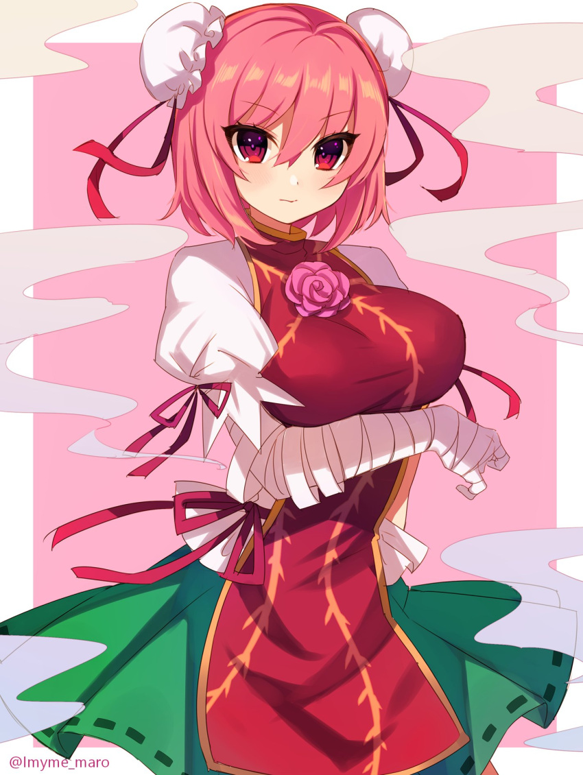 1girl bandage bandaged_arm bandages blush breasts chinese_clothes closed_mouth double_bun eyebrows_visible_through_hair flower green_skirt highres ibaraki_kasen large_breasts looking_at_viewer marota pink_background pink_hair puffy_short_sleeves puffy_sleeves red_eyes red_ribbon ribbon rose short_hair short_sleeves skirt solo touhou twitter_username