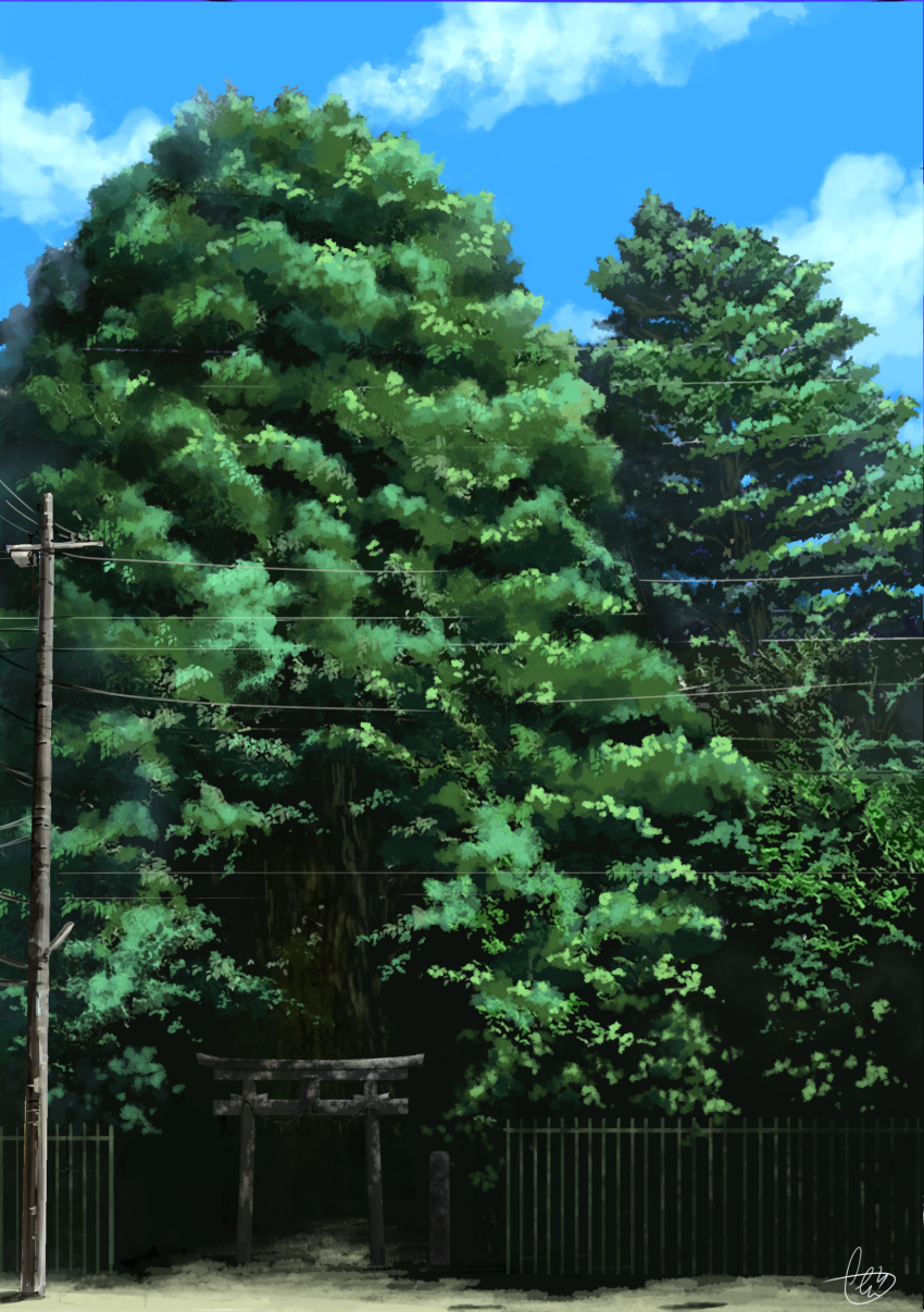 absurdres aki_(aki_k6) blue_sky clouds commentary_request forest gate highres nature no_humans original outdoors power_lines scenery signature sky telephone_pole torii tree