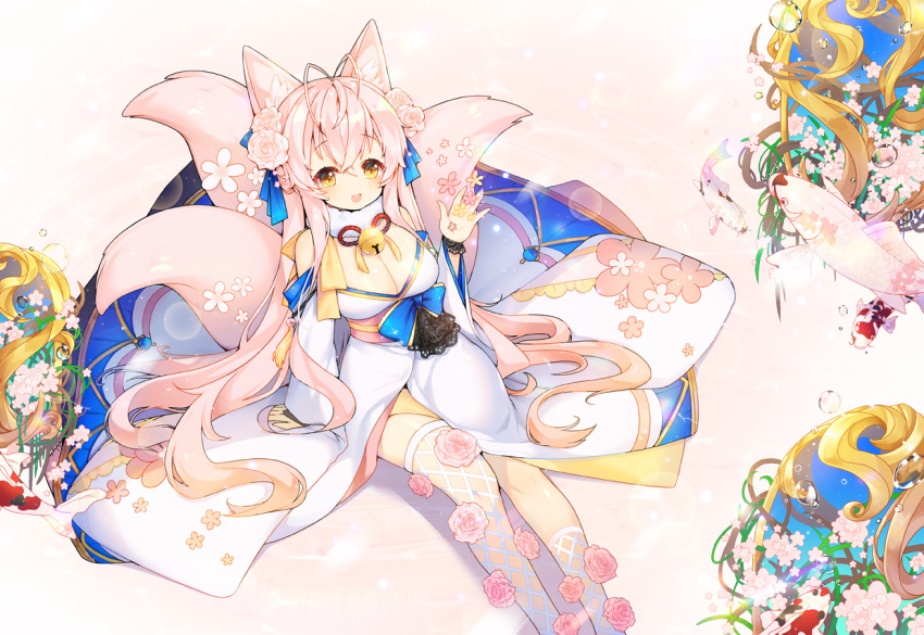 1girl :d animal_ear_fluff animal_ears argyle_cutout asymmetrical_legwear bangs bell blue_ribbon blush breasts bridal_gauntlets brown_eyes cleavage eyebrows_visible_through_hair flower fox_ears fox_girl fox_tail fur_collar hair_between_eyes hair_flower hair_ornament hair_ribbon hand_up japanese_clothes jingle_bell kimono kneehighs long_hair long_sleeves looking_at_viewer medium_breasts open_mouth original pink_flower pink_hair pink_rose ribbon rose single_kneehigh single_thighhigh sitting smile solo tail thigh-highs tp_(kido_94) very_long_hair white_kimono white_legwear wide_sleeves