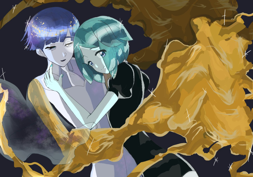 2others androgynous aqua_hair bangs blue_eyes blue_hair blunt_bangs crystal_hair dual_persona eyebrows_visible_through_hair eyes_visible_through_hair gem_uniform_(houseki_no_kuni) glowing glowing_eye gold golden_arms green_hair gyu_nba32 height_difference heterochromia houseki_no_kuni looking_at_viewer multiple_others necktie phosphophyllite phosphophyllite_(ll) see-through_sleeves short_hair smile sparkle spoilers white_eyes white_skin