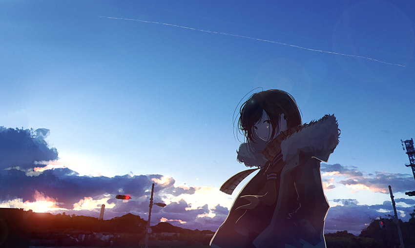 1girl backlighting black_hair blouse blue_eyes blue_sky brown_scarf clouds coat commentary_request condensation_trail day earphones fur-trimmed_coat fur_trim hand_in_pocket highres lens_flare long_sleeves looking_at_viewer looking_to_the_side mifuru neckerchief open_clothes open_coat original outdoors plaid plaid_scarf road sailor_collar scarf scenery school_uniform short_hair sky solo street traffic_light wind winter_clothes
