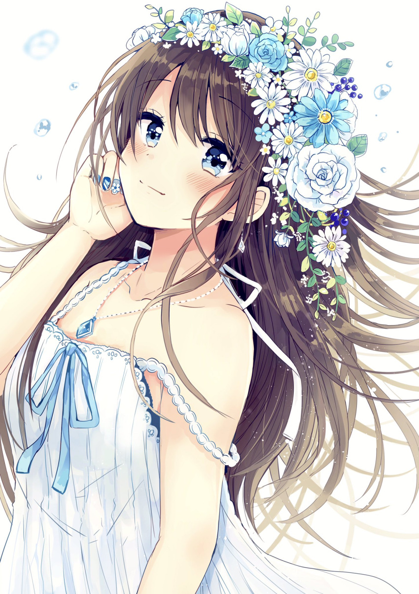 1girl bangs bare_arms bare_shoulders blue_eyes blue_flower blue_nails blue_ribbon blush brown_hair closed_mouth collarbone commentary_request dress eyebrows_visible_through_hair fingernails flower flower_wreath hair_between_eyes hand_up head_tilt head_wreath highres jewelry long_hair looking_at_viewer nail_art nail_polish original pendant ribbon rose sakura_oriko sleeveless sleeveless_dress smile solo strap_slip upper_body very_long_hair white_background white_dress white_flower white_rose