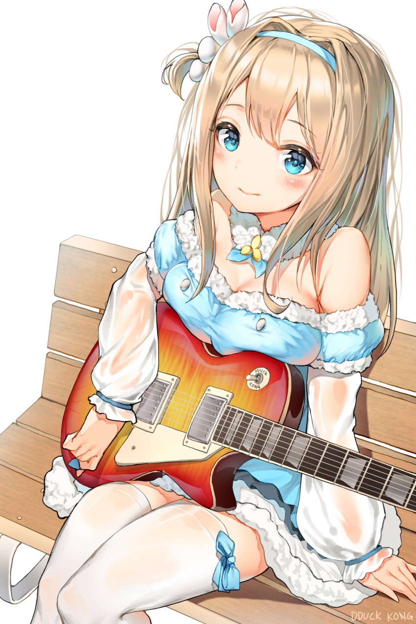 1girl alternate_costume artist_name bangs bare_shoulders bench blonde_hair blue_bow blue_dress blue_eyes blue_hairband blush bow breasts cleavage closed_mouth collarbone detached_collar detached_sleeves dress eyebrows_visible_through_hair girls_frontline guitar hair_between_eyes hair_ornament hairband highres holding_plectrum instrument lee_seok_ho light_brown_hair long_hair long_sleeves looking_at_viewer medium_breasts off-shoulder_dress off_shoulder on_bench one_side_up puffy_long_sleeves puffy_sleeves santa_costume sidelocks simple_background sitting smile snowflake_hair_ornament solo suomi_kp31_(girls_frontline) thigh-highs very_long_hair white_background white_legwear