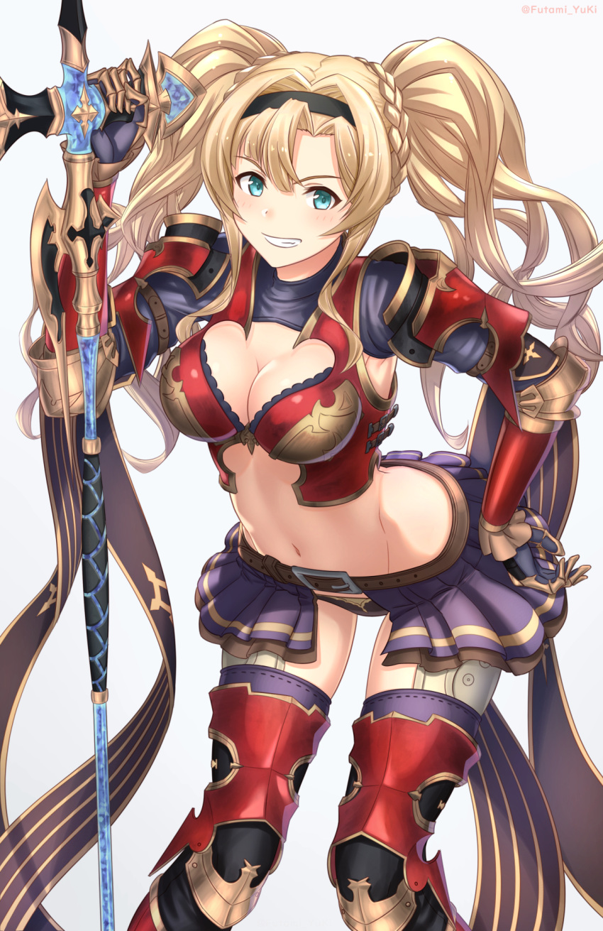 1girl armor bangs belt black_hairband blonde_hair blue_eyes blush braid breasts buckle cleavage crown_braid futami_(mg42fw190d) gauntlets granblue_fantasy grin groin hair_between_eyes hair_ornament hairband highres holding holding_weapon large_breasts leaning_forward long_hair looking_at_viewer navel open_clothes open_skirt pauldrons pleated_skirt purple_skirt sidelocks skirt smile solo stomach thigh-highs twintails twitter_username weapon zeta_(granblue_fantasy)