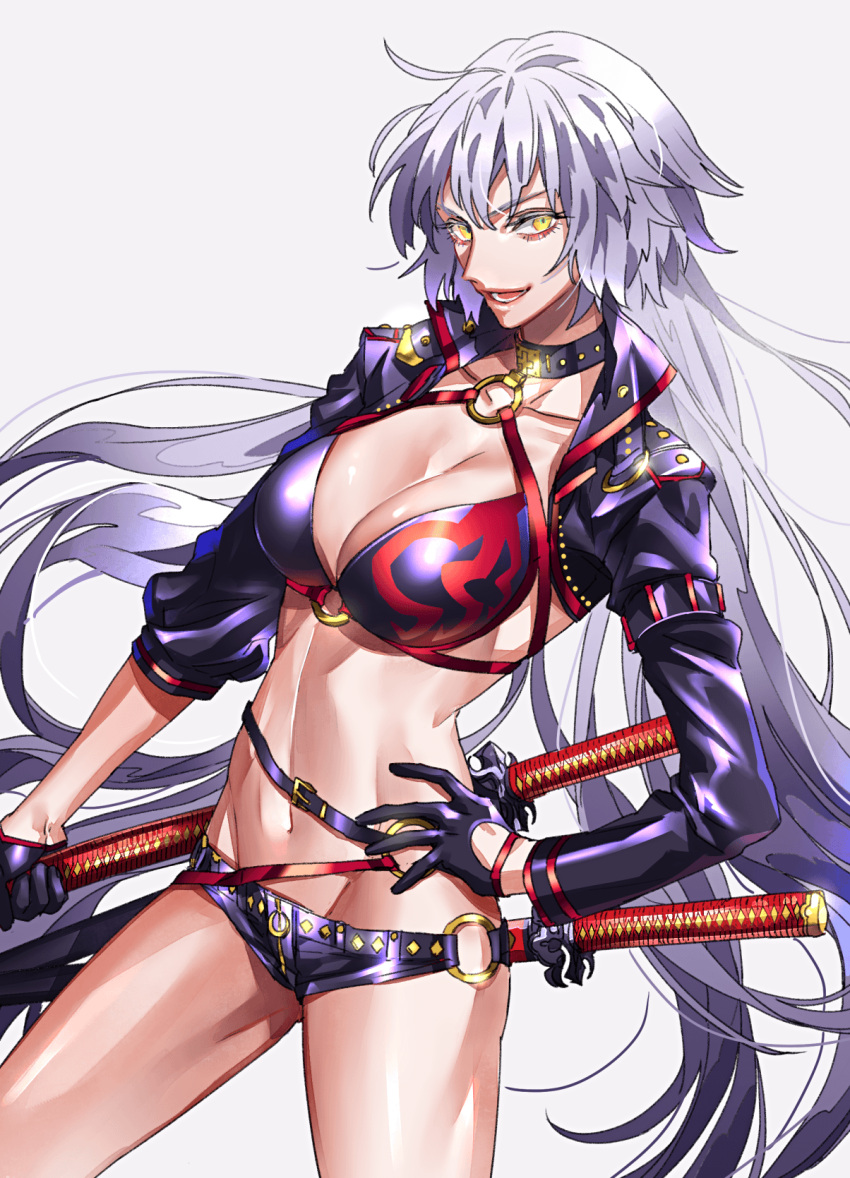 1girl ahoge bikini black_bikini black_jacket breasts choker cleavage commentary_request eyebrows_visible_through_hair fate/grand_order fate_(series) hair_between_eyes hand_on_hip highres holding holding_sword holding_weapon jacket jeanne_d'arc_(alter_swimsuit_berserker) jeanne_d'arc_(fate)_(all) large_breasts long_hair looking_at_viewer multiple_swords navel o-ring shrug_(clothing) solo standing swimsuit sword tenobe weapon white_hair yellow_eyes