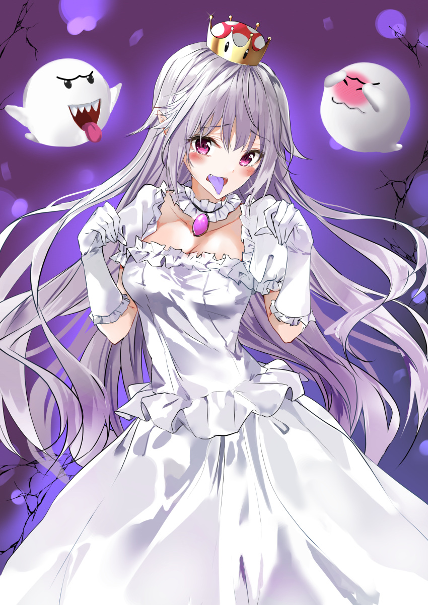 1girl blush boo breasts cleavage collar collarbone crown dress eyebrows_visible_through_hair frilled_collar frilled_dress frilled_gloves frills fujisaki_ribbon gem ghost_pose gloves grin highres jewelry king_boo long_hair long_tongue looking_at_viewer luigi's_mansion super_mario_bros. mini_crown necklace new_super_mario_bros._u_deluxe nintendo open_mouth pale_skin pointy_ears princess_king_boo purple_tongue sharp_teeth simple_background smile super_crown tears teeth tongue tongue_out very_long_hair violet_eyes white_dress white_gloves white_hair