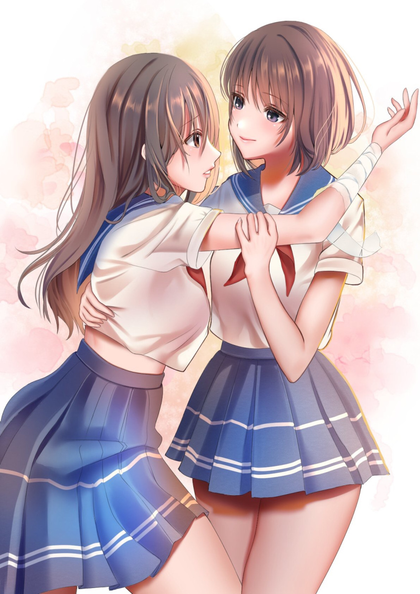 2girls arm_up bandage bandaged_arm bandages blue_sailor_collar blue_skirt blush breasts brown_eyes brown_hair closed_mouth commentary_request eye_contact fingernails highres inushima long_hair looking_at_another medium_breasts multiple_girls neckerchief original pleated_skirt profile red_neckwear sailor_collar school_uniform serafuku shirt short_hair short_sleeves skirt smile very_long_hair white_shirt yuri