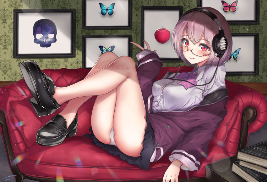 1girl ass bangs bare_legs black_footwear black_skirt blush book book_stack bow bowtie breasts button_gap closed_mouth collared_shirt couch day full_body glasses headphones highres indoors jacket konata_(knt_banri) large_breasts legs_up light_particles loafers long_sleeves looking_at_viewer looking_to_the_side miniskirt no_socks off_shoulder on_couch panties photo_(object) picture_frame pink_hair purple_jacket purple_neckwear reclining red-framed_eyewear red_eyes semi-rimless_eyewear shinjou_akane shirt shoes short_hair skirt sleeves_past_wrists smile solo ssss.gridman thighs under-rim_eyewear underwear white_panties white_shirt