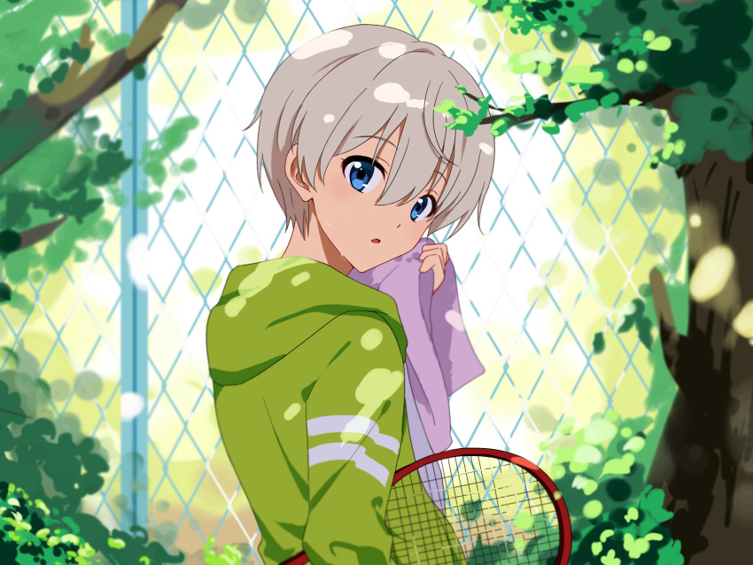 1boy blue_eyes highres jacket looking_at_viewer open_mouth oriki_tomoko short_hair shorts silver_hair smile solo totsuka_saika track_jacket trap yahari_ore_no_seishun_lovecome_wa_machigatteiru.