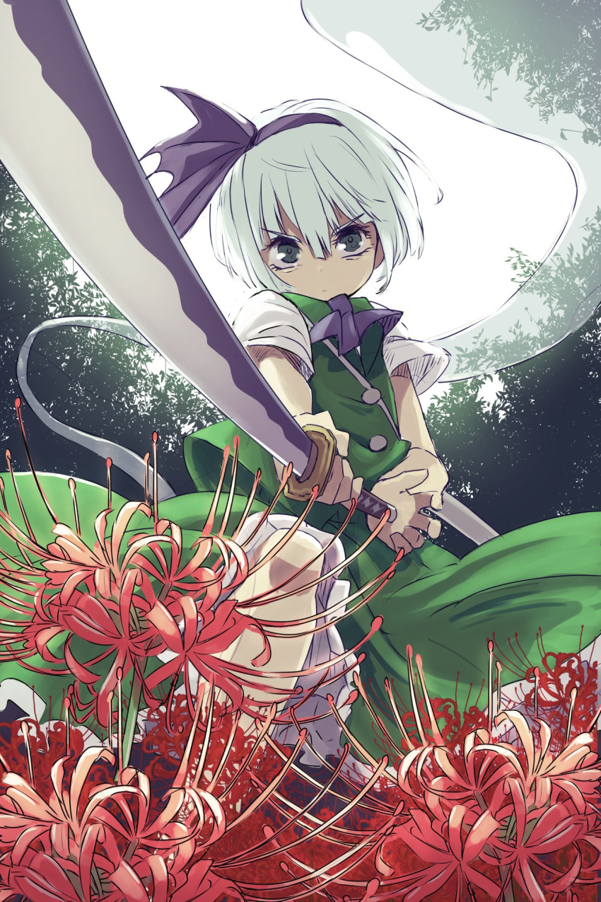 1girl commentary_request flower foreshortening green_eyes green_skirt green_vest hair_between_eyes hair_ribbon highres holding holding_sword holding_weapon katana konpaku_youmu konpaku_youmu_(ghost) looking_at_viewer nunupon0514 outdoors purple_neckwear purple_ribbon red_flower ribbon serious short_hair short_sleeves skirt skirt_set solo spider_lily standing sword touhou vest weapon white_hair