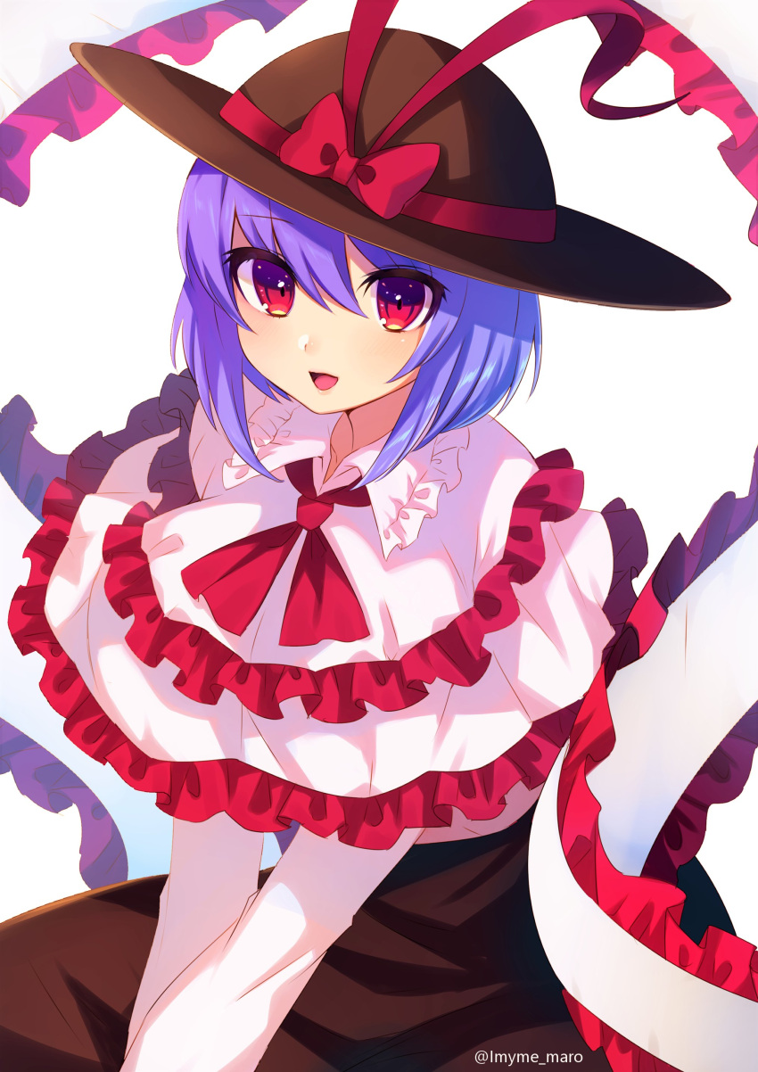 1girl :d absurdres black_hat eyebrows_visible_through_hair hat highres looking_at_viewer marota nagae_iku open_mouth purple_hair red_eyes shawl short_hair simple_background skirt smile solo touhou twitter_username white_background