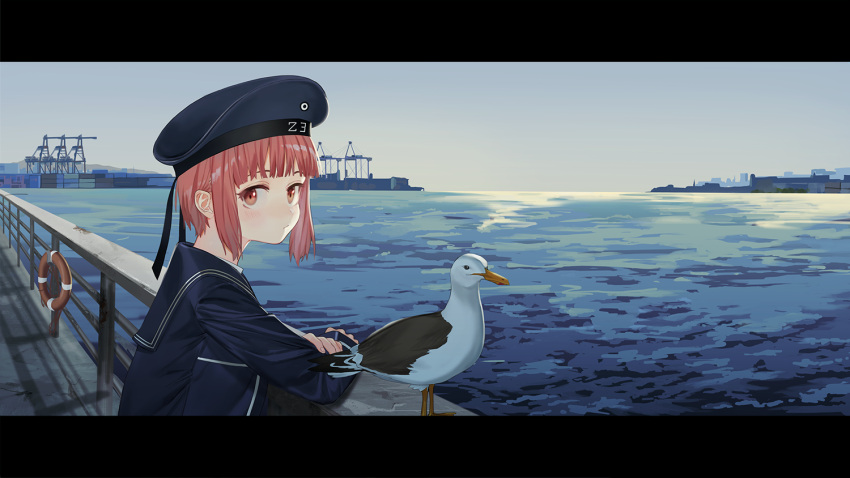 1girl animal bangs beret bird blue_hat blue_jacket blue_sailor_collar blue_sky blush brown_eyes brown_hair character_name closed_mouth day eyebrows_behind_hair hat horizon jacket kantai_collection letterboxed lifebuoy long_sleeves looking_at_viewer looking_to_the_side luicent ocean outdoors sailor_collar seagull short_hair sidelocks sky solo water z3_max_schultz_(kantai_collection)