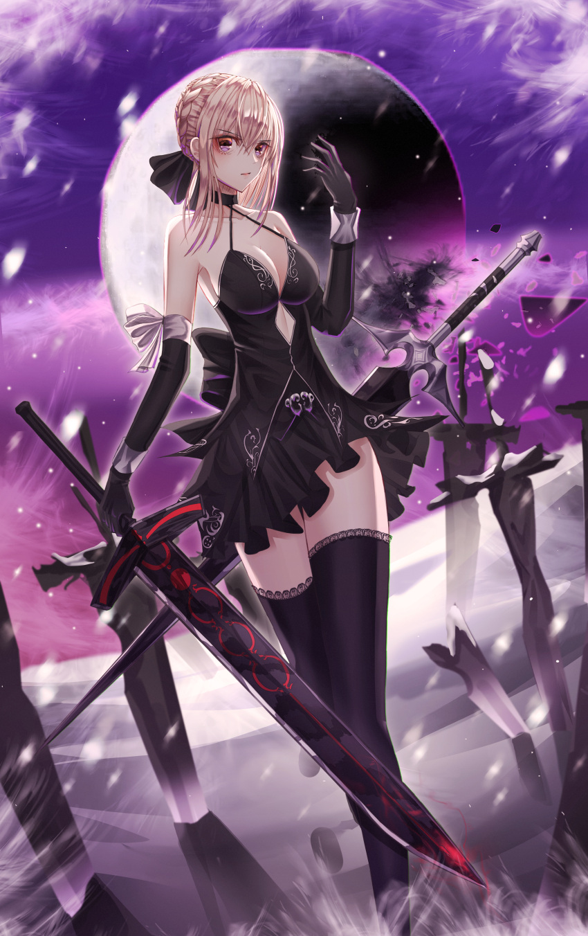 1girl absurdres artoria_pendragon_(all) black_gloves black_legwear black_ribbon black_shirt black_skirt blonde_hair breasts brown_eyes choker cleavage collarbone cutout elbow_gloves fate/stay_night fate_(series) gloves hair_between_eyes hair_ribbon highres holding holding_sword holding_weapon hongsung0819 large_breasts long_hair miniskirt moon outdoors pleated_skirt ribbon saber_alter shirt sidelocks skirt sleeveless sleeveless_shirt snowing solo standing sword thigh-highs weapon zettai_ryouiki