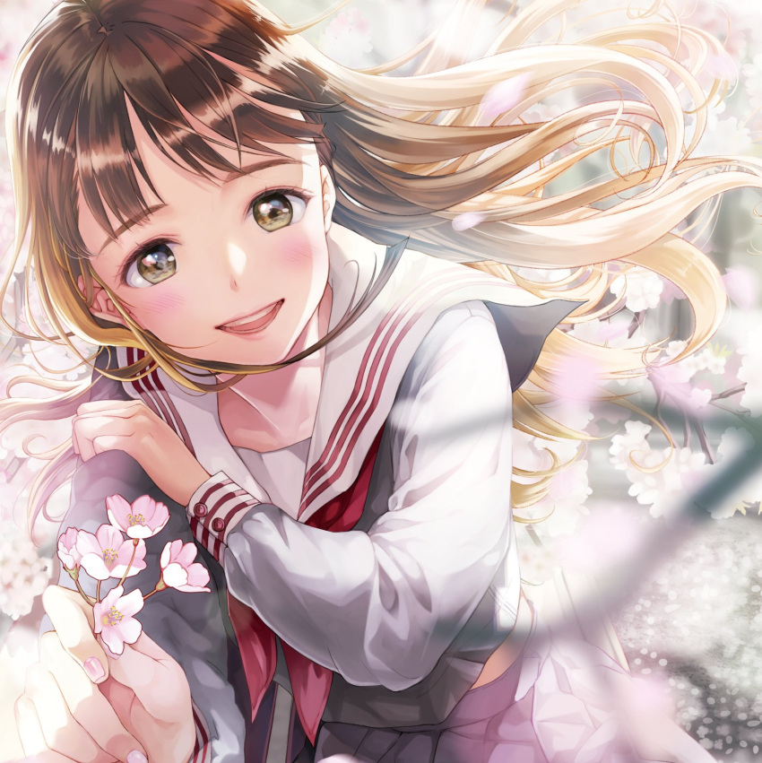 1girl :d bangs blonde_hair blue_skirt blurry blurry_foreground brown_eyes brown_hair cherry_blossoms commentary_request depth_of_field eyebrows_visible_through_hair fingernails floating_hair flower gradient_hair highres holding holding_flower long_sleeves looking_at_viewer matsuzaki_miyuki multicolored_hair nail_polish neckerchief open_mouth original pink_flower pink_nails pleated_skirt red_neckwear round_teeth sailor_collar school_uniform serafuku shirt skirt smile solo teeth tree_branch upper_teeth white_sailor_collar white_shirt