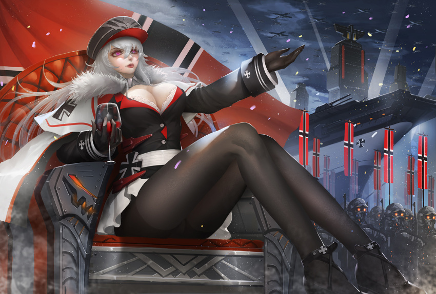 1girl aircraft airplane alcohol army azur_lane bangs banner belt black_gloves black_legwear breasts cannon cape chair cleavage closed_mouth cup expressionless flag floating_hair fur-trimmed_cape fur_trim gloves graf_zeppelin_(azur_lane) hair_between_eyes hand_up hat holding holding_cup iron_cross jacket kaze_no_gyouja large_breasts light_rays long_hair military military_uniform military_vehicle nazi_flag night outdoors pantyhose peaked_cap pink_eyes pleated_skirt red_eyes red_lips rigging searchlight ship sidelocks silver_hair sitting skirt soldier solo turret uniform very_long_hair walking warship water watercraft white_skirt wind wind_lift wine