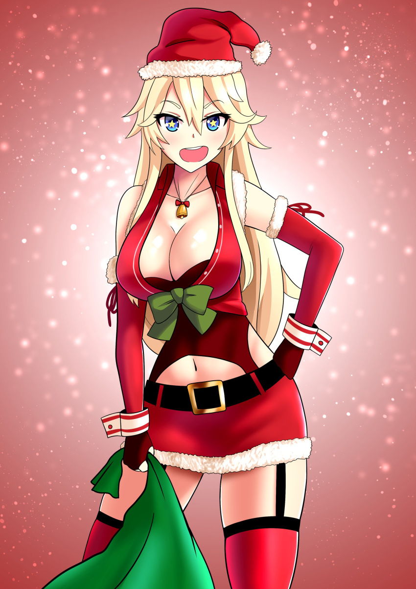 1girl absurdres bangs bare_shoulders bell belt blonde_hair blue_eyes breasts buttons christmas cleavage collarbone corset eyebrows_visible_through_hair full_body garter_straps gloves hair_between_eyes hand_on_hip hat highres iowa_(kantai_collection) kantai_collection large_breasts long_hair looking_at_viewer miniskirt navel open_mouth ribbon santa_costume santa_hat shiny shiny_hair shiny_skin simple_background skirt sleeveless smile solo standing star star-shaped_pupils stomach symbol-shaped_pupils the_only_shoe thigh-highs unbuttoned very_long_hair vest wrist_cuffs