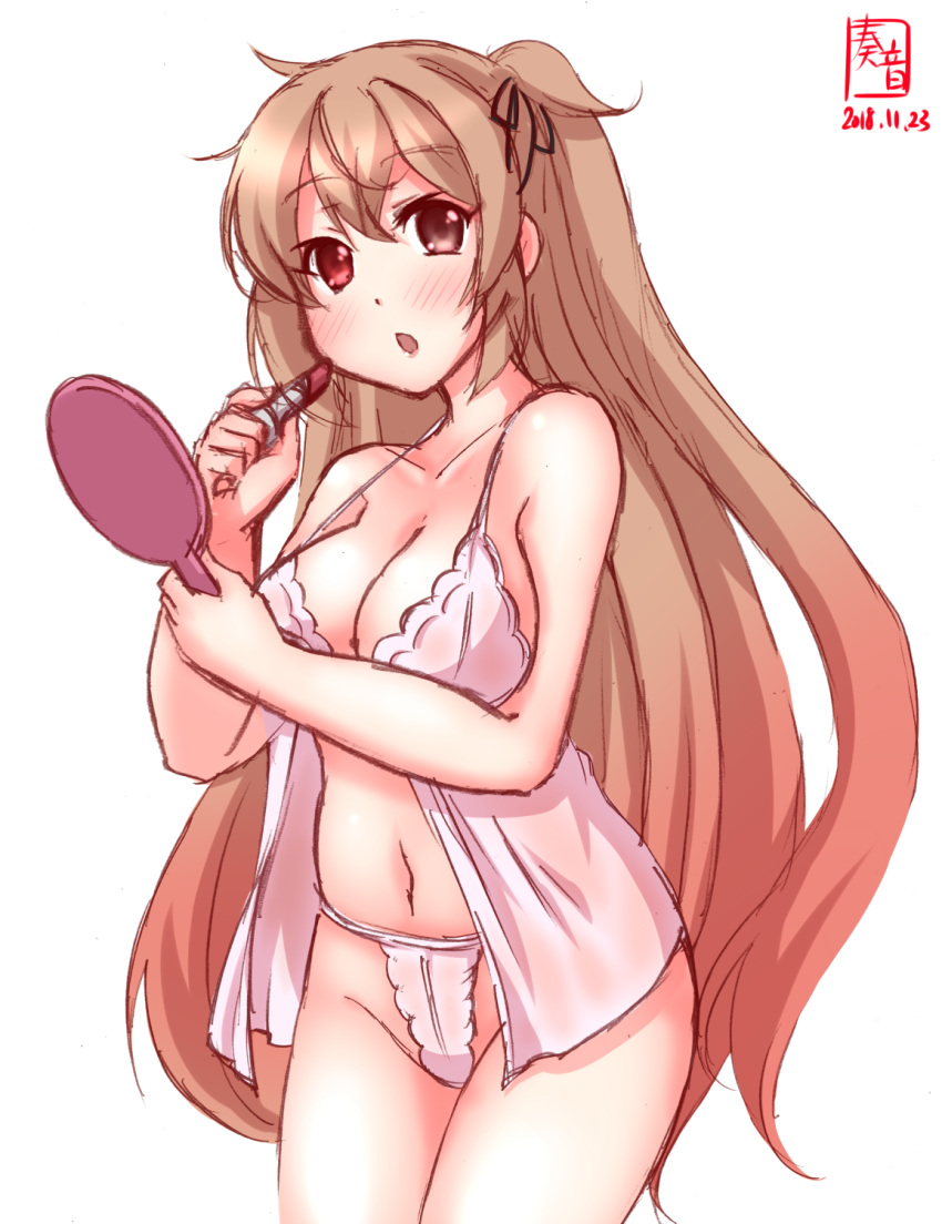1girl artist_logo babydoll breasts brown_eyes cleavage collarbone commentary_request cowboy_shot dated eyebrows_visible_through_hair gradient_hair hand_mirror heterochromia highleg highleg_panties highres holding_lipstick holding_mirror kanon_(kurogane_knights) kantai_collection large_breasts light_brown_hair lipstick lipstick_tube long_hair looking_at_viewer makeup mirror multicolored_hair murasame_(kantai_collection) panties red_eyes remodel_(kantai_collection) simple_background solo two_side_up underwear white_background white_panties