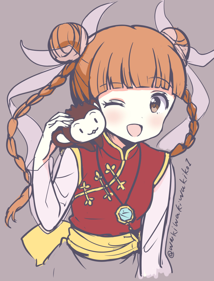 1girl ;d absurdres animal animal_on_shoulder bangs blush braid breasts brown_background brown_eyes brown_hair commentary_request copyright_request double_bun eyebrows_visible_through_hair fingernails hair_ribbon hand_up highres long_hair long_sleeves monkey neki_(wakiko) on_shoulder one_eye_closed open_mouth red_shirt ribbon see-through see-through_sleeves shirt side_bun simple_background small_breasts smile solo twin_braids twintails twitter_username upper_body very_long_hair