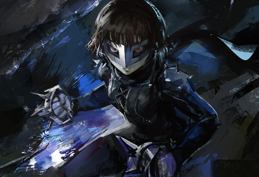 1girl bangs biker_clothes bodysuit brass_knuckles brown_hair corset fighting_stance gloves holding holding_weapon long_sleeves looking_at_viewer mask niijima_makoto parted_lips persona persona_5 qosic red_eyes scarf serious short_hair shoulder_spikes solo spikes upper_body weapon