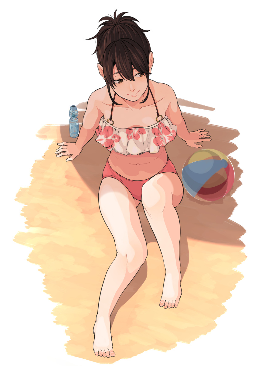 1girl absurdres ball bangs barefoot beachball bikini brown_eyes brown_hair frilled_bikini frills gintama halter_top halterneck highres kobaji looking_to_the_side navel panties ponytail ramune red_panties shimura_tae sidelocks sitting smile solo swimsuit underwear