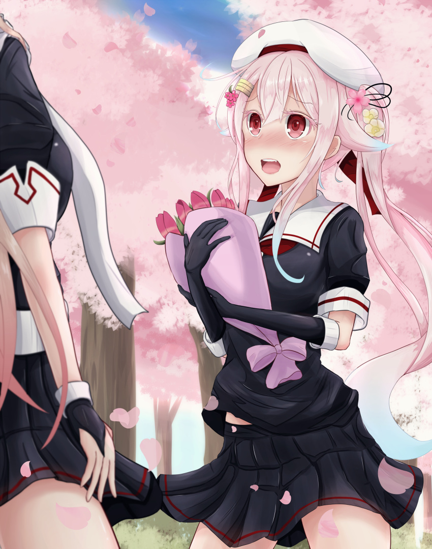 2girls absurdres beret black_serafuku blonde_hair blush bouquet cherry_blossoms flower gloves gradient_hair hair_flower hair_ornament hair_ribbon harusame_(kantai_collection) hat highres kantai_collection long_hair multicolored_hair multiple_girls noyomidx petals pink_hair plum_blossoms ponytail red_eyes ribbon school_uniform serafuku side_ponytail tree very_long_hair yuri yuudachi_(kantai_collection)