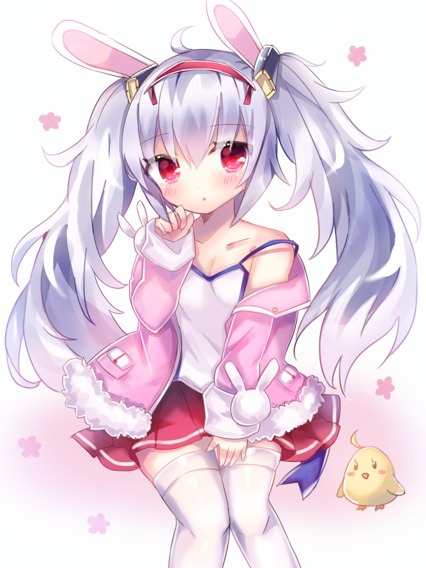 1girl animal animal_ears azur_lane bird blush breasts camisole chick collarbone commentary_request fur-trimmed_jacket fur_trim hair_ornament hairband head_tilt highres jacket kohaku_muro laffey_(azur_lane) long_hair long_sleeves off_shoulder open_clothes open_jacket parted_lips pink_jacket pleated_skirt rabbit_ears red_eyes red_hairband red_skirt silver_hair sitting skirt sleeves_past_wrists small_breasts solo strap_slip thigh-highs twintails very_long_hair white_camisole white_legwear