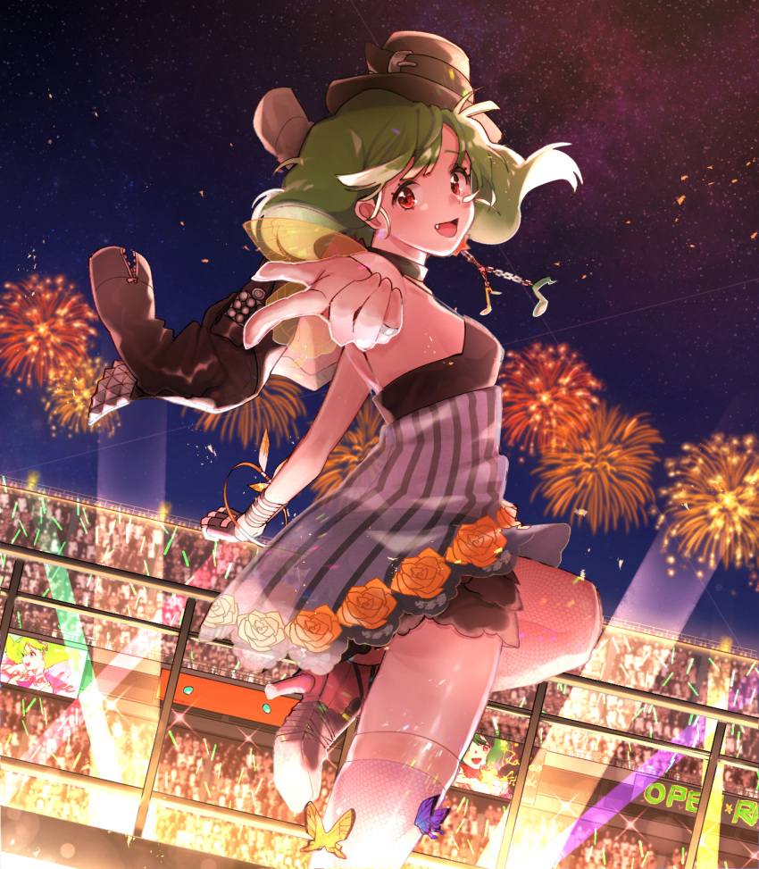 1girl alternate_costume bracelet breasts choker dancing fang finger_gun fingerless_gloves fireworks fishnets gloves green_hair hat highres inna jewelry leg_lift leg_up macross macross_frontier ranka_lee red_eyes ring short_hair sideboob single_glove small_breasts smile solo stadium standing standing_on_one_leg