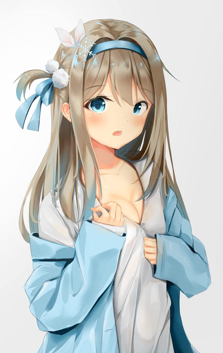 1girl absurdres blue_bow blue_eyes blue_jacket blue_ribbon bow breasts brown_hair cleavage collarbone eyebrows_visible_through_hair girls_frontline grey_background hair_between_eyes hair_bow hair_ornament hair_ribbon highres jacket long_hair looking_at_viewer medium_breasts off_shoulder open_mouth ribbon sashima shirt simple_background snowflake_hair_ornament solo standing suomi_kp31_(girls_frontline) white_shirt