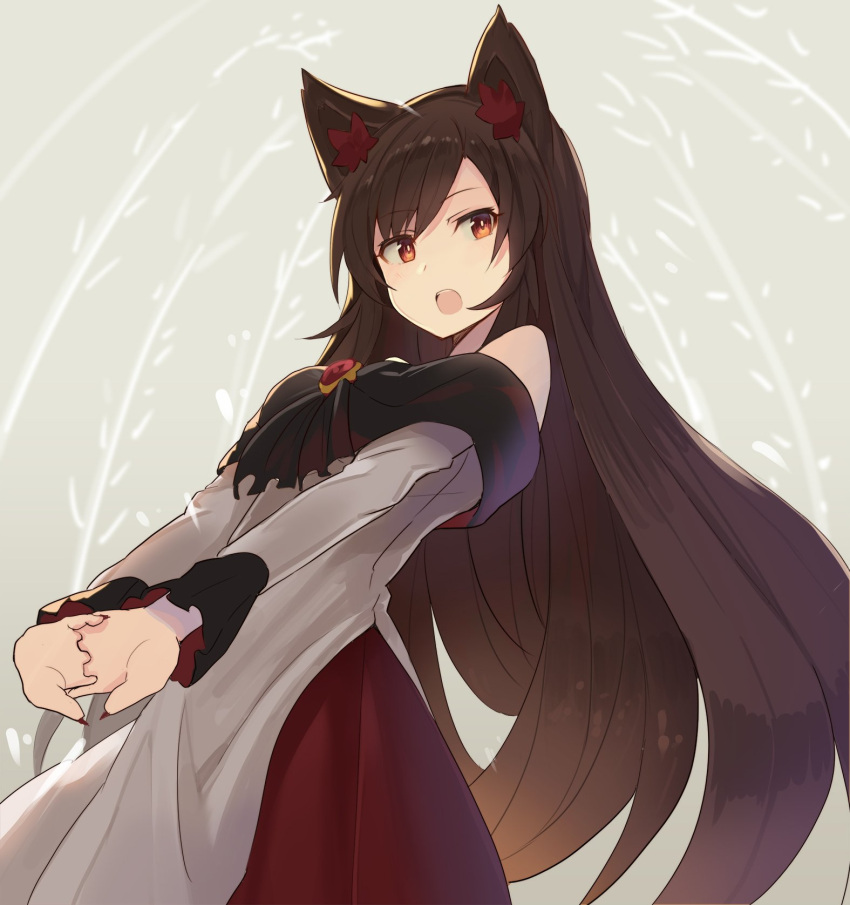 1girl animal_ear_fluff animal_ears bangs bare_shoulders breasts brooch brown_eyes brown_hair commentary_request cowboy_shot dress eyebrows_visible_through_hair fingernails grey_background highres imaizumi_kagerou jewelry long_hair long_sleeves looking_at_viewer medium_breasts multicolored multicolored_clothes multicolored_dress nail_polish off-shoulder_dress off_shoulder open_mouth red_dress red_nails rin_falcon sharp_fingernails simple_background solo standing touhou very_long_hair white_dress wolf_ears