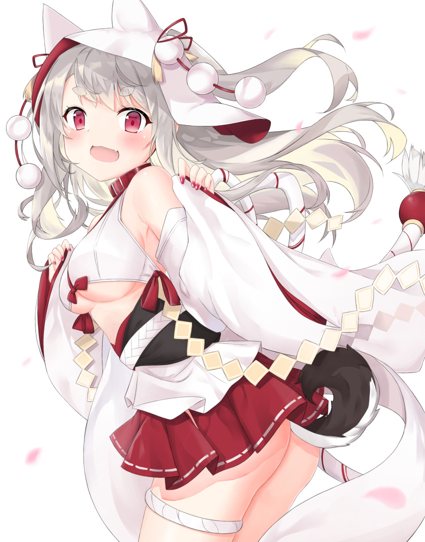 1girl :d animal_ears animal_hood ass azur_lane bangs bare_shoulders blush bow breasts commentary_request crop_top detached_sleeves eyebrows_visible_through_hair fang fingernails floating_hair grey_hair highres hood hood_up leaning_forward long_hair long_sleeves medium_breasts mentai_mayo nail_polish obi open_mouth pinching_sleeves pleated_skirt red_bow red_eyes red_nails red_skirt sash short_eyebrows skirt sleeves_past_wrists smile solo tail thick_eyebrows under_boob very_long_hair wide_sleeves wolf_ears wolf_girl wolf_hood wolf_tail yuudachi_(azur_lane)