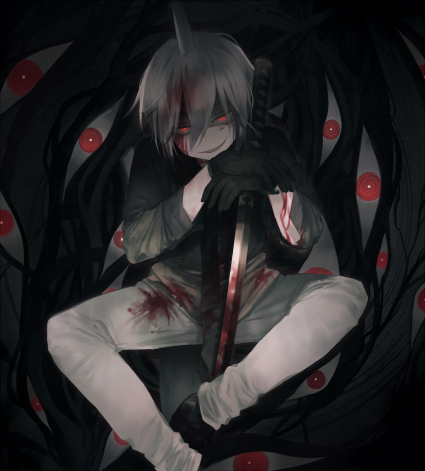 1boy black_gloves black_neckwear black_shirt blood blood_on_face bloody_clothes bloody_hair evil_smile extra_eyes gloves hair_between_eyes highres katana looking_at_viewer necktie oounabara_to_wadanohara pants red_eyes shirt sitting smile spread_legs suonacy sword syake_(wadanohara) weapon white_hair white_pants