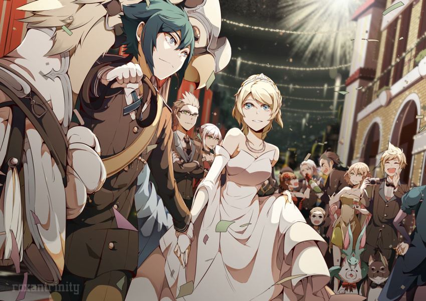 6+boys 6+girls animal bangs bare_shoulders belt black_hair black_jacket blonde_hair blue_eyes bow bowtie braid breasts bridal_gauntlets bride brown_hair buckle camera carbuncle_(final_fantasy) chocobo closed_eyes collarbone commentary crossed_arms cup dress dress_lift eating epaulettes eyebrows_visible_through_hair final_fantasy final_fantasy_xv fireworks flower formal french_braid gladiolus_amicitia glasses gloves hair_between_eyes hair_flower hair_ornament hairclip hand_on_hip hands_up harness holding holding_another's_arm holding_camera holding_cup ignis_scientia jacket jewelry lifted_by_self light_blue_eyes light_brown_hair long_hair long_sleeves looking_at_another lunafreya_nox_fleuret multiple_boys multiple_girls necklace necktie noctis_lucis_caelum open_mouth parted_lips prompto_argentum red_dress roxan scar scar_across_eye shirt short_hair silver_hair sleeveless sleeveless_dress smile spiky_hair square_enix suit wedding wedding_dress white_dress white_gloves white_hair wide_sleeves yellow_dress yellow_eyes
