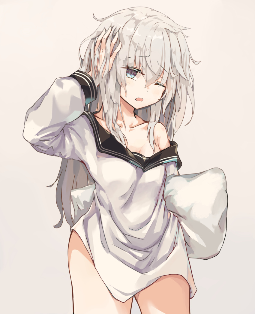 1girl :o bangs bare_shoulders black_sailor_collar blue_eyes blush bottomless breasts cleavage collarbone cowboy_shot eyebrows_visible_through_hair grey_background hair_between_eyes hand_in_hair hand_up hibiki_(kantai_collection) highres holding holding_pillow kantai_collection long_hair long_sleeves looking_at_viewer messy_hair off_shoulder one_eye_closed open_mouth pillow sailor_collar shinsoyori shirt sidelocks silver_hair simple_background small_breasts solo standing thighs verniy_(kantai_collection) wavy_mouth white_shirt