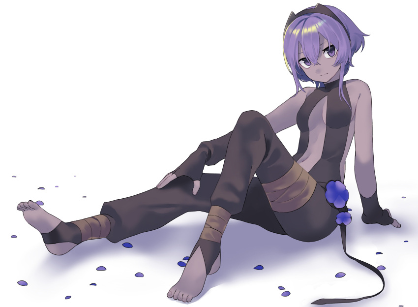 1girl absurdres arm_support asymmetrical_gloves barefoot black_gloves black_hairband black_pants black_ribbon breasts cleavage dark_skin fate/prototype fate/prototype:_fragments_of_blue_and_silver fate_(series) fingerless_gloves flower full_body gloves hair_between_eyes hairband hassan_of_serenity_(fate) highres kaerude123 navel pants petals purple_flower purple_hair ribbon shiny shiny_hair short_hair_with_long_locks sidelocks sitting small_breasts solo violet_eyes