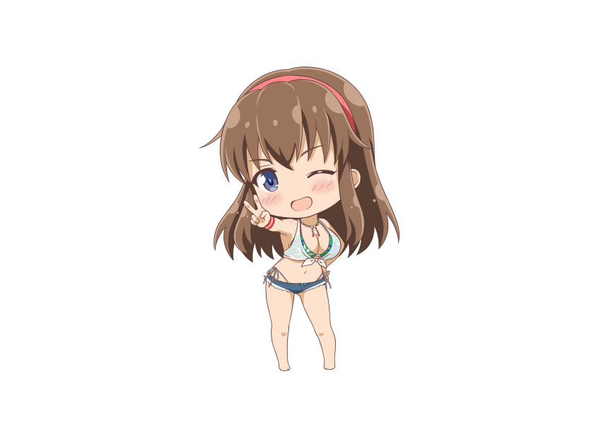 1girl absurdres artist_request bangs bare_shoulders barefoot bikini bikini_under_clothes blue_eyes blush breasts chibi cleavage dead_or_alive dead_or_alive_xtreme full_body hairband hand_on_hip highres hitomi_(doa) jewelry light_brown_hair long_hair looking_at_viewer medium_breasts navel necklace official_art one_eye_closed open_mouth shiny shiny_hair short_shorts shorts simple_background smile solo standing swimsuit v white_background