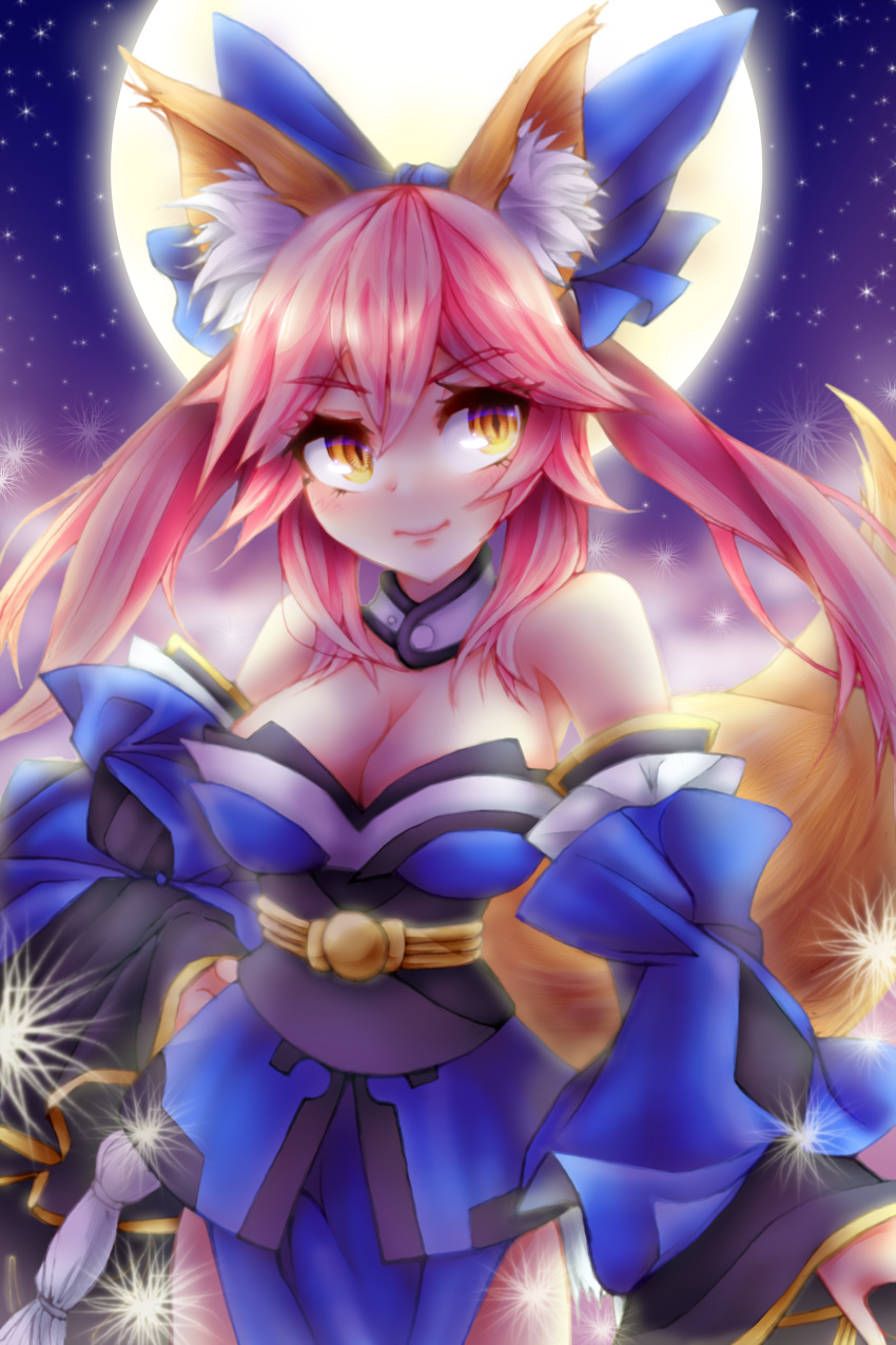 1girl absurdres animal_ear_fluff animal_ears bare_shoulders blue_kimono blue_ribbon blush breasts cellbus-chan cleavage detached_sleeves fate/extra fate/grand_order fate_(series) fox_ears fox_girl fox_tail full_moon hair_ribbon highres japanese_clothes kimono large_breasts looking_to_the_side moon night night_sky outdoors pink_hair ribbon sky solo star star_(sky) starry_sky tail tamamo_(fate)_(all) tamamo_no_mae_(fate) yellow_eyes