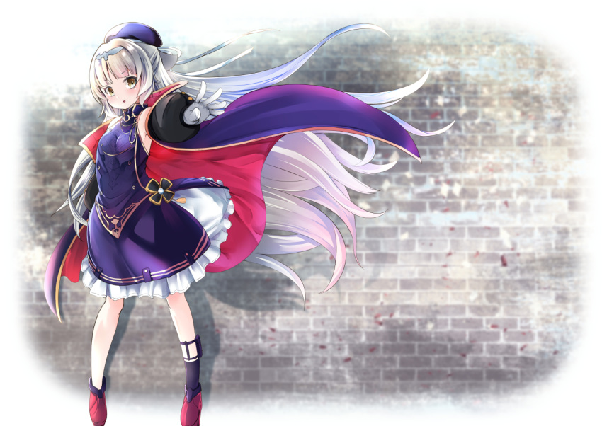 1girl :o asymmetrical_legwear azur_lane bangs bare_shoulders beret black_legwear blue_jacket blunt_bangs breasts brick_wall brown_eyes commentary_request dress eyebrows_visible_through_hair floating_hair gloves hat head_tilt headpiece iron_cross jacket long_hair long_sleeves looking_at_viewer outstretched_arm parted_lips puffy_long_sleeves puffy_sleeves purple_dress purple_hat red_footwear shoes silver_hair single_shoe sleeveless sleeveless_dress small_breasts solo standing takara_akihito very_long_hair white_gloves z46_(azur_lane)
