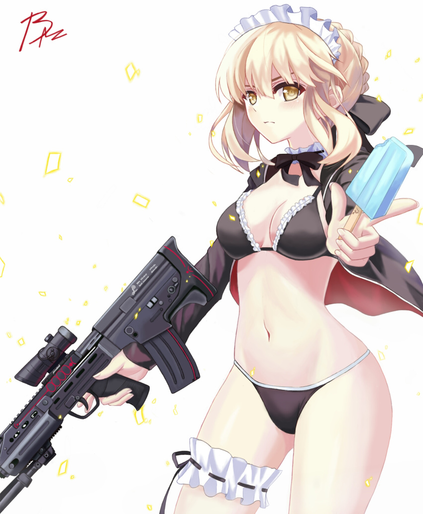 1girl acog artoria_pendragon_(all) artoria_pendragon_(swimsuit_rider_alter) assault_rifle bikini black_bikini blonde_hair braid breasts brz bullpup cowboy_shot crown_braid fate/grand_order fate_(series) food frilled_bikini_top gun highres leg_garter maid_headdress medium_breasts popsicle rifle sa80 saber_alter signature simple_background solo swimsuit weapon white_background yellow_eyes