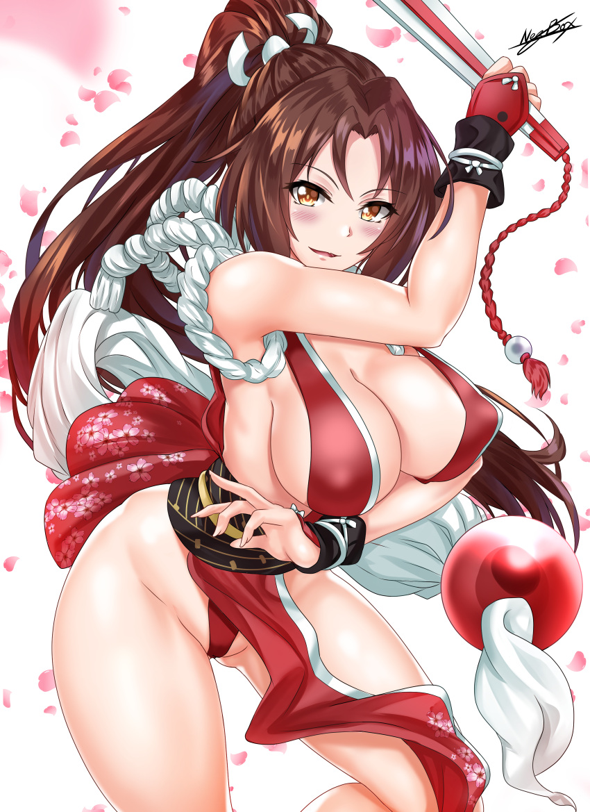 1girl absurdres bangs bare_shoulders blush breasts brown_eyes brown_hair cleavage closed_fan collarbone fan fatal_fury floral_print folding_fan hair_ribbon high_ponytail highres hips japanese_clothes large_breasts long_hair looking_at_viewer nez-kun obi open_mouth orb parted_bangs pelvic_curtain petals ponytail ribbon rope sash shiranui_mai sideboob signature simple_background smile solo the_king_of_fighters thighs white_background white_ribbon