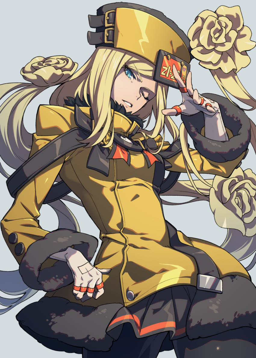 1girl black_legwear black_skirt blonde_hair blue_eyes commentary cowboy_shot flower grey_background guilty_gear guilty_gear_xrd hair_flower hair_ornament hand_up hat highres jacket jewelry long_hair long_sleeves looking_at_viewer millia_rage one_eye_closed pantyhose parted_lips prehensile_hair ring simple_background skirt solo thumb_ring westxost_(68monkey) yellow_jacket