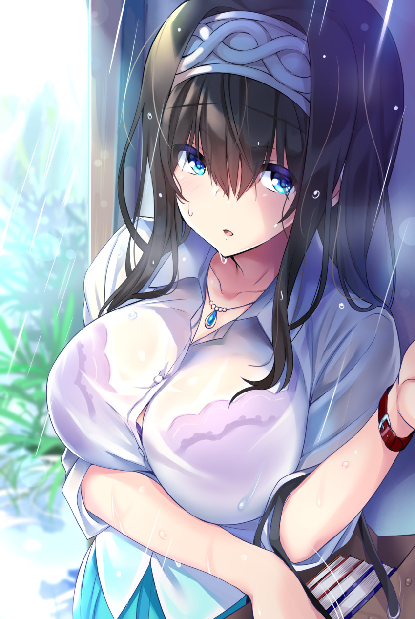 1girl :o aqua_skirt bag bangs black_hair blue_eyes blurry blurry_background blush book bra breast_hold breasts button_gap buttons collarbone collared_shirt commentary_request day depth_of_field eyebrows_visible_through_hair hair_between_eyes hair_intakes hairband hand_up highres idolmaster idolmaster_cinderella_girls jewelry lace lace-trimmed_bra large_breasts long_hair looking_at_viewer miniskirt motion_lines natsu_(nattiyann) outdoors parted_lips pendant plant purple_bra rain sagisawa_fumika see-through shirt short_sleeves shoulder_bag sidelocks skirt solo underwear watch watch water water_drop wet wet_clothes white_shirt