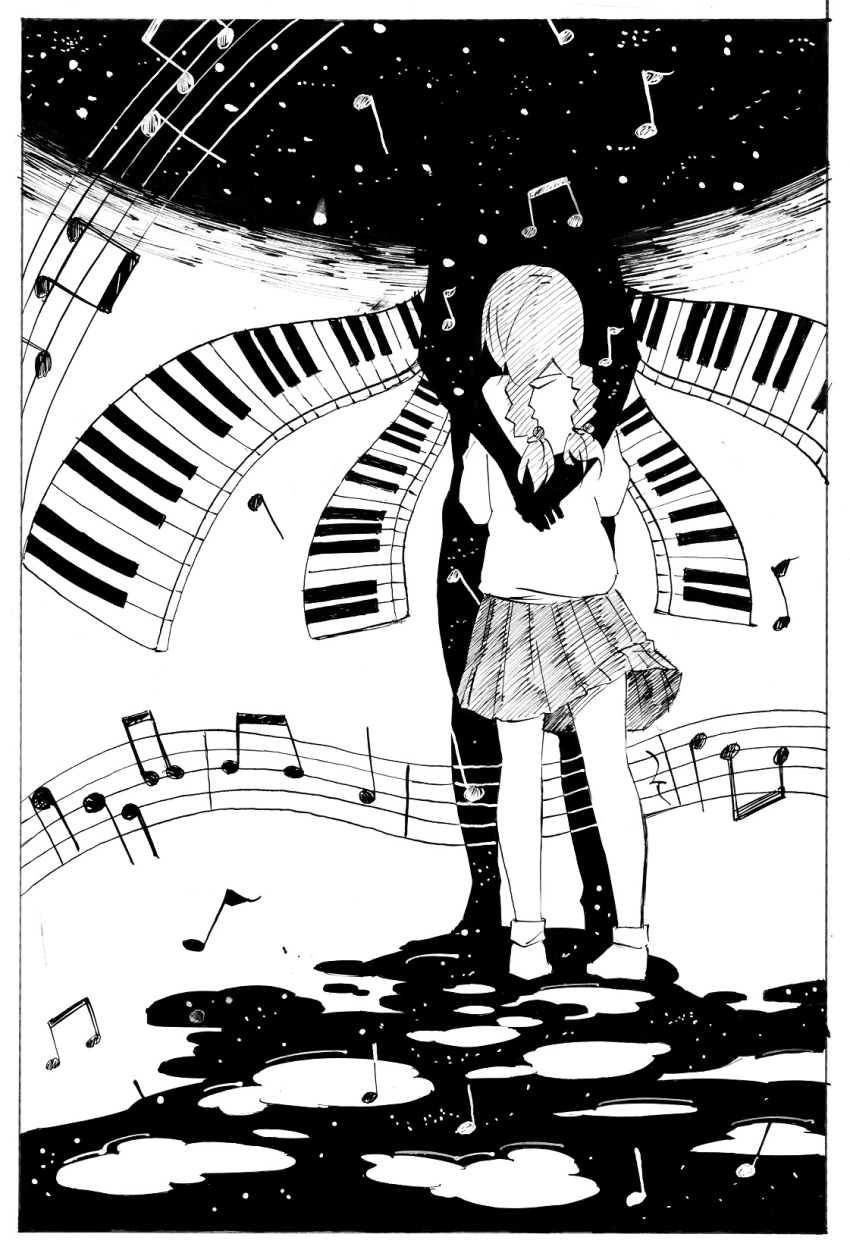 1boy 1girl braid calligraphy_brush_(medium) commentary_request highres long_hair madotsuki monochrome musical_note nib_pen_(medium) piano_keys shirt skirt space sweater traditional_media twin_braids twintails yume_nikki